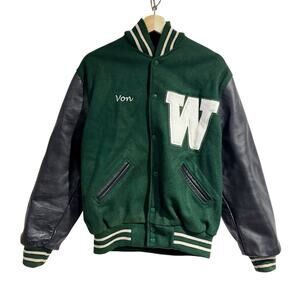 SETTLEMIER’s Letterman Jacket Size 40/Medium Green Wool And Black Leather Irish